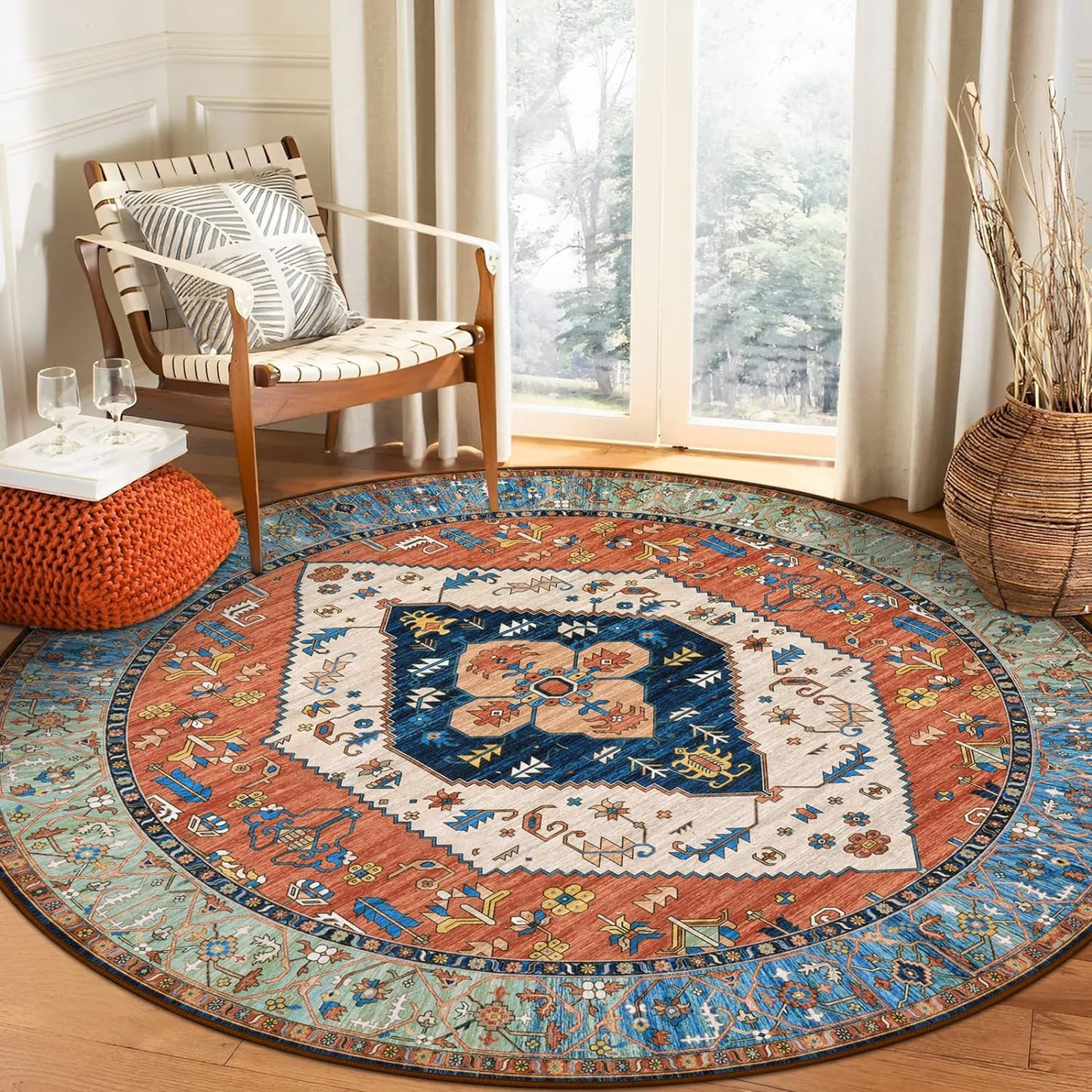 Lahome Boho Washable 5Ft Round Area Rug, Non-Slip Throw Untra-Thin Round Carpet, Oriental Vintage Distressed Circle Rug for Dining Living Room Bedroom Kitchen Office, 5x5/Rust