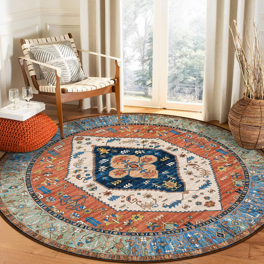 Lahome Boho Washable 5Ft Round Area Rug, Non-Slip Throw Untra-Thin Round Carpet, Oriental Vintage Distressed Circle Rug for Dining Living Room Bedroom Kitchen Office, 5x5/Rust