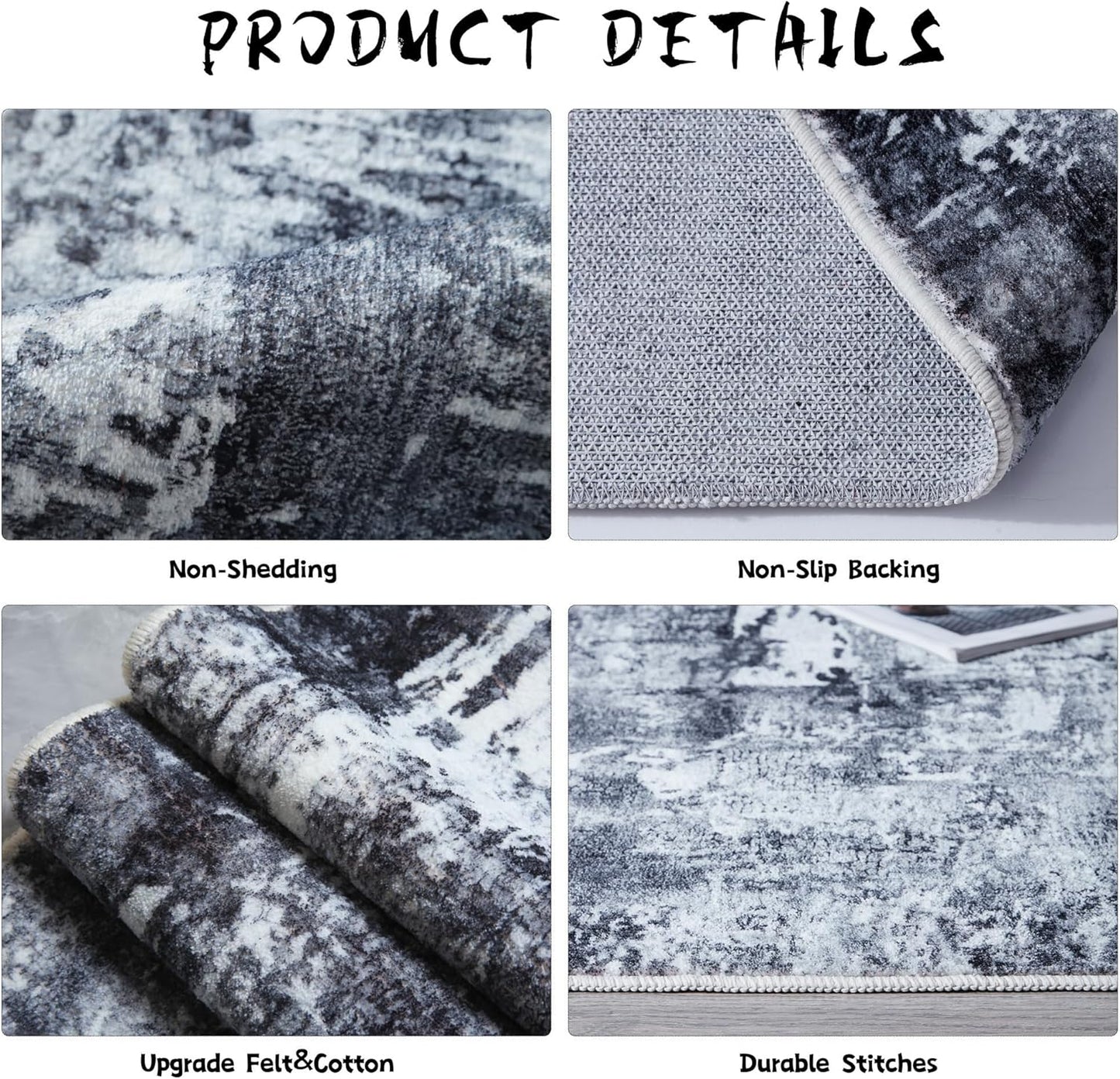 6x9 Rug Washable Bedroom Rug Large Soft Area Rug Abstract Pattern Non-Slip Faux Wool Vintage Rug for Living Room, Farmhouse, Dining Room, Kids Playroom, Grey and Black