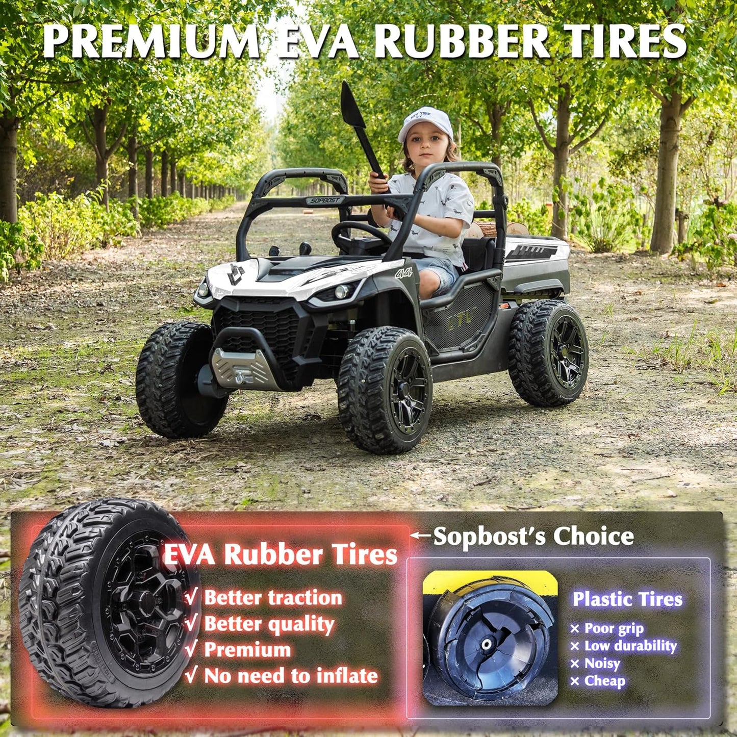 sopbost 24V 10Ah 2 Seater Ride On Car with Remote Control Battery Powered Ride On Toy Electric Kids UTV with Large Dump Bed, 4x75W Motors, White & Black