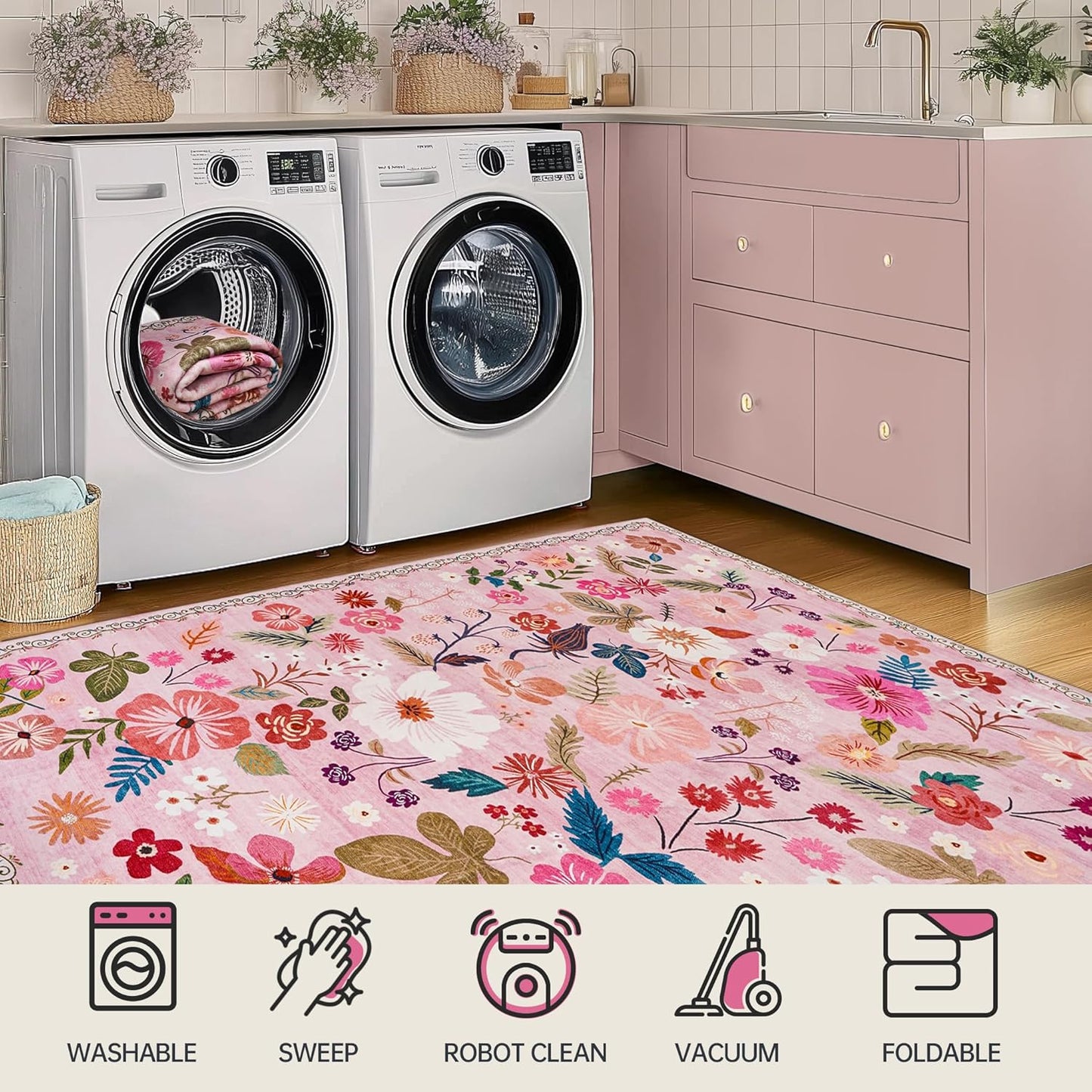 Living Room Rug 6x9 Washable Boho Floral Non Slip Large Aesthetic Pink Area Rugs Vintage Soft Low Pile Stain Resistant Sound Absorbing Big Carpet Rug for Bedroom Dining Room Kids Nursery Girls Dorm