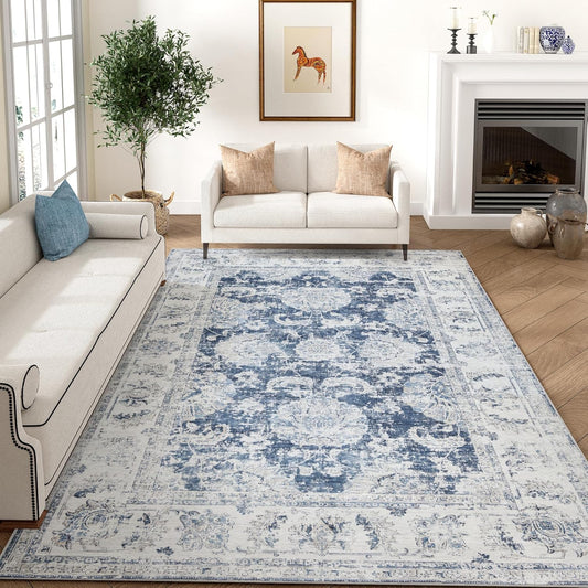 jinchan Washable Area Rug 8x10 for Living Room Soft Faux Wool Ultra-Thin Stain Resistant Non-Slip Distressed Vintage Floral Large Carpet for Bedroom,Dining Room,Home Office,Nursery(Dark Blue, 8'x10')