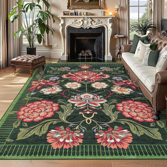 GarveeHome Forest Green Floral Botanical Washable 8x10 Rug for Living Room Soft Vintage Boho Cottage Large Rugs Low-Pile Carpet for Bedroom Dining Nursery Rug