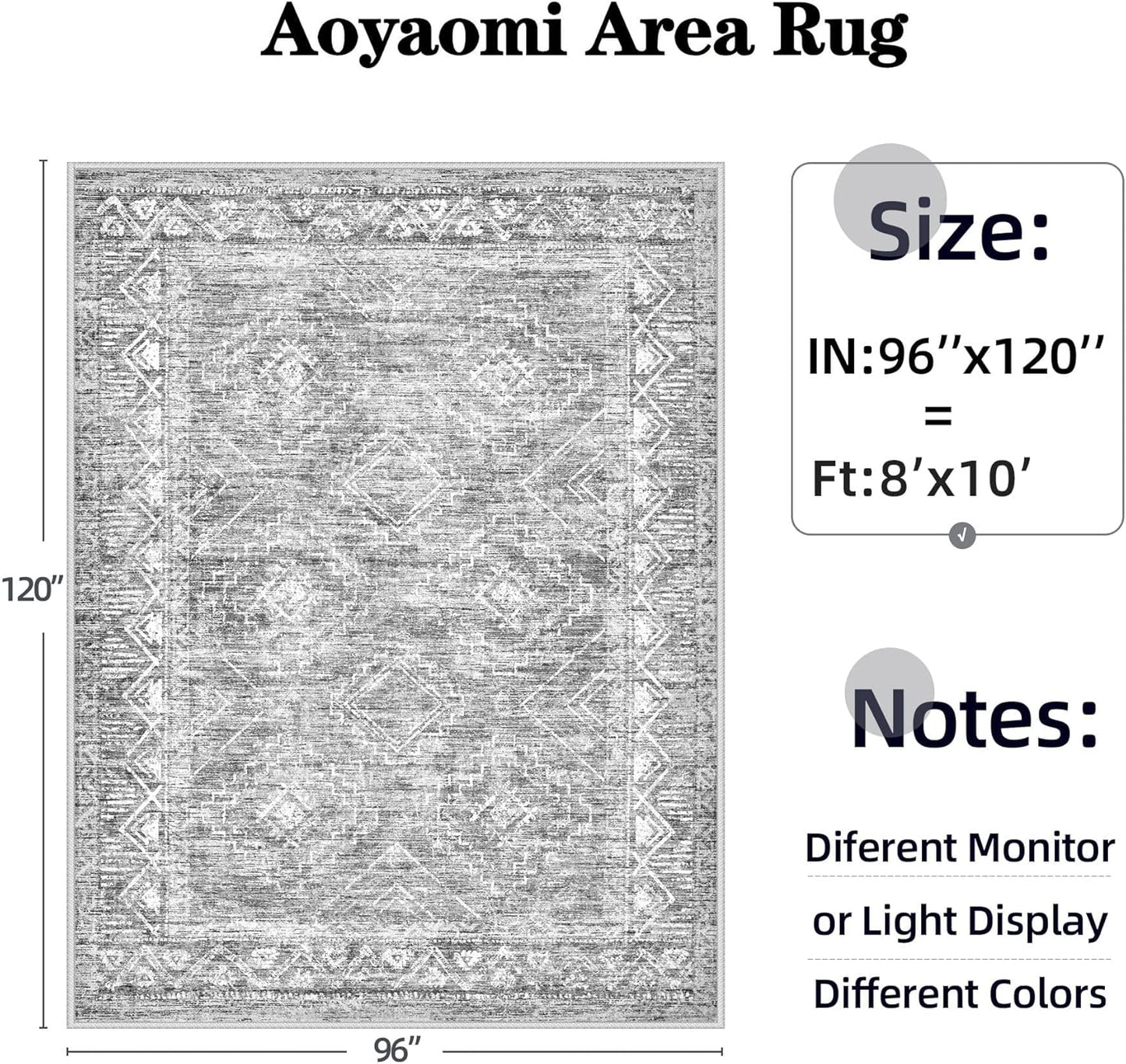 Large Living Room Area Rug 8x10 - Machine Washable Vintage Boho Moroccan Rugs Geometric Neutral Rug Non-Shedding Low Pile Distressed Farmhouse Carpet for Bedroom Nursery Classroom Dorm (8 x 10, Grey)