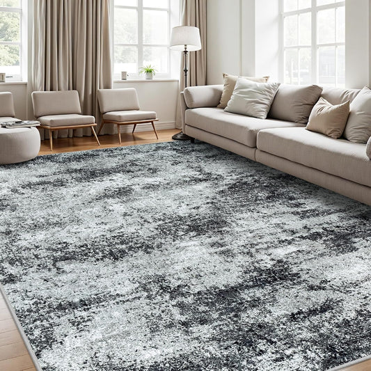 Area Rugs 8x10 Living Room Rugs: Modern Abstract Washable Rug with Non-Slip Backing, Stain Resistant Indoor Floor Large Carpet for Bedroom Dining Room Table Nursery Hallway Home Office Dark Black/Gray