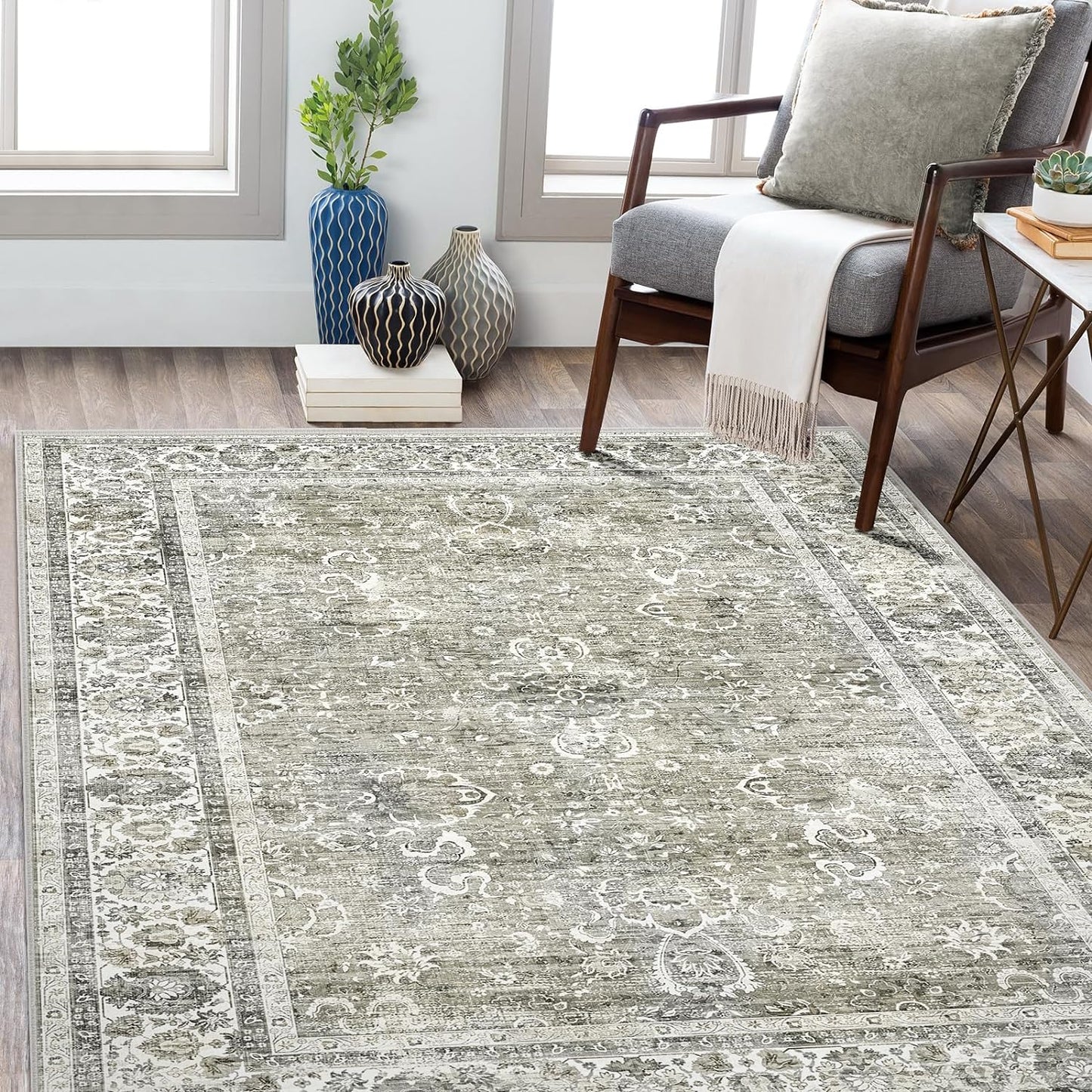 Deerly Washable Rug 5x7 Area Rugs for Living Room, Non Slip Large Rug for Bedroom Dining Room, Low-Pile Kid & Pet Friendly Distressed Carpet Print Floor(Cream)