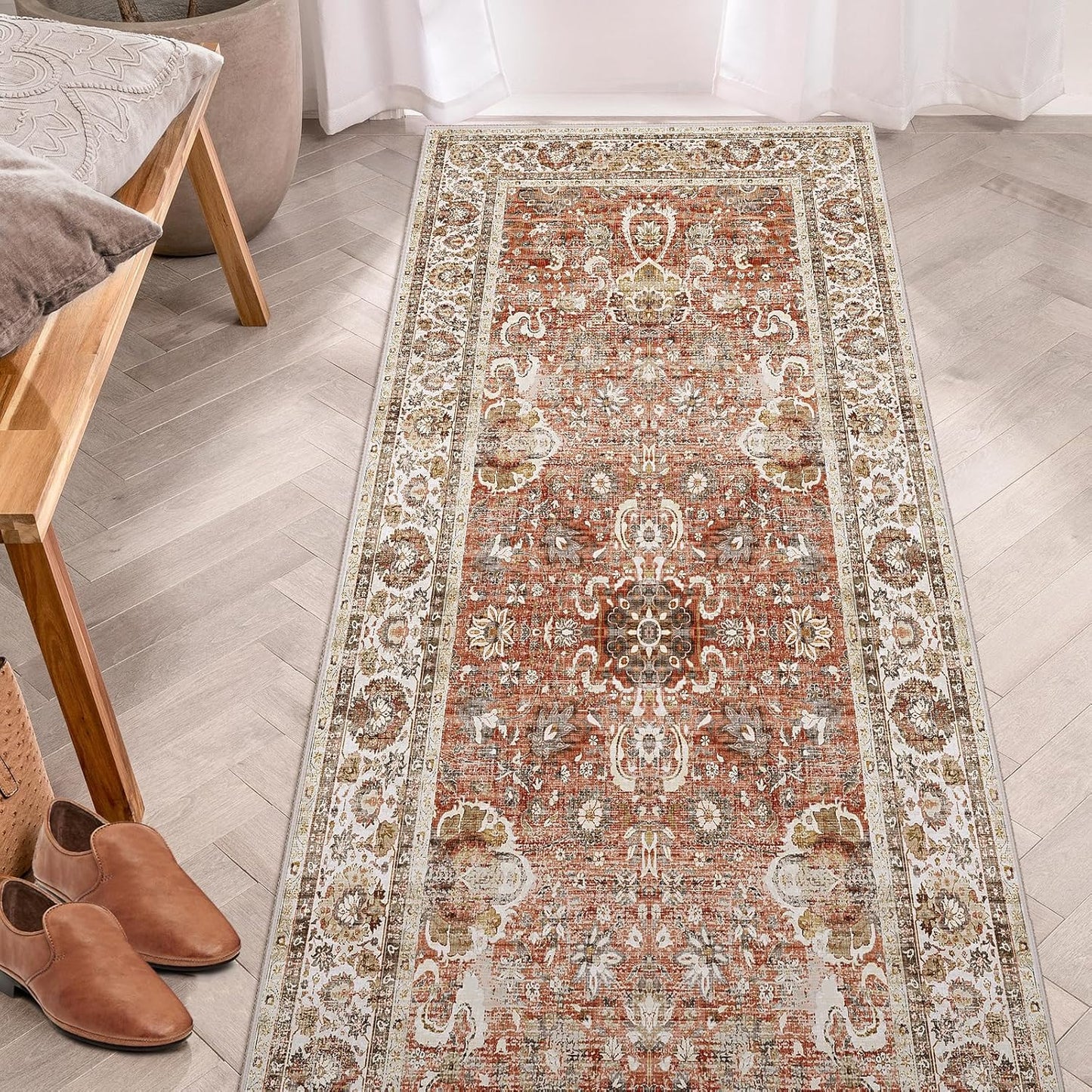 Vintage Runner Rug - 3x7 Distressed Brick Red, Non-Slip Kitchen & Bedroom Runner with Rubber Backing