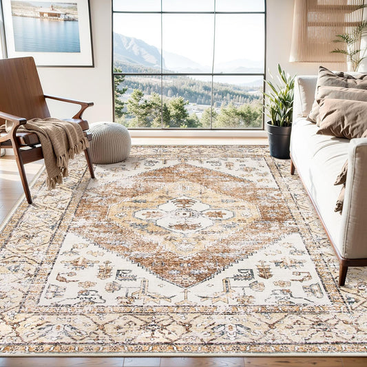 Lahome Washable Living Room Area Rugs 8x10 - Boho Ultra-Thin Non-Slip Bedroom Rug 8x10 Under Bed, Farmhouse Neutral Print Floor Carpet for Dining Room Office (Taupe,8'x10')
