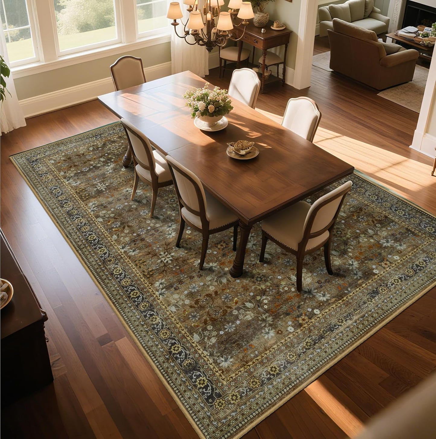 Large 8x10 Washable Area Rug for Living Room, No Shedding Vintage Floral Print Rugs Non Slip, Indoor Foldable Thin Retro Accent Carpet for Bedroom Farmhouse Dining Room Brown/Yellow