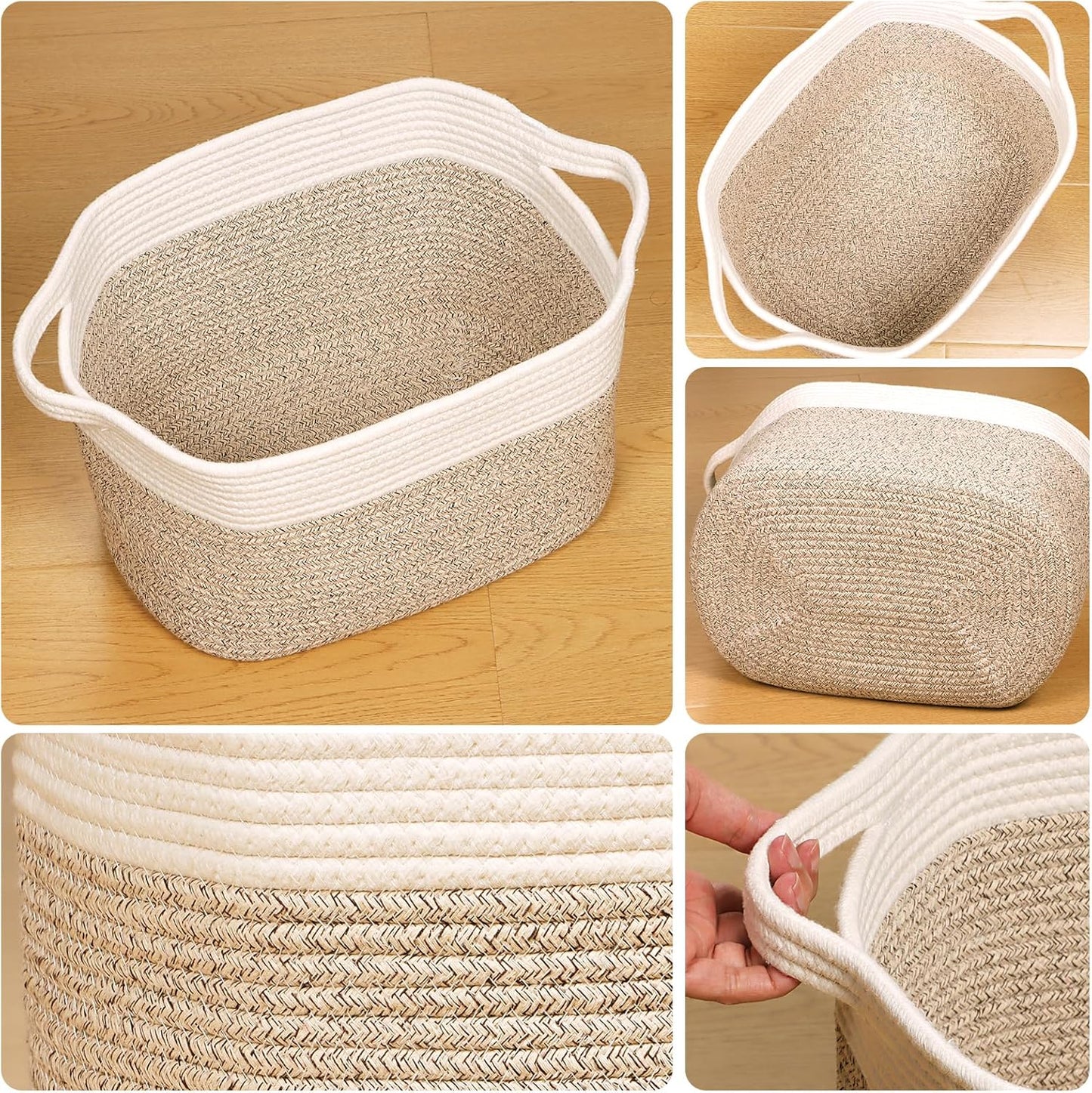 Kntiwiwo Storage Baskets for Organizing 14.7”x11”x9.6” Rope Storage Baskets for Shelves with Handles, Decorative Closet Baskets & Bins, Large Woven Baskets for Storage, White & Brown