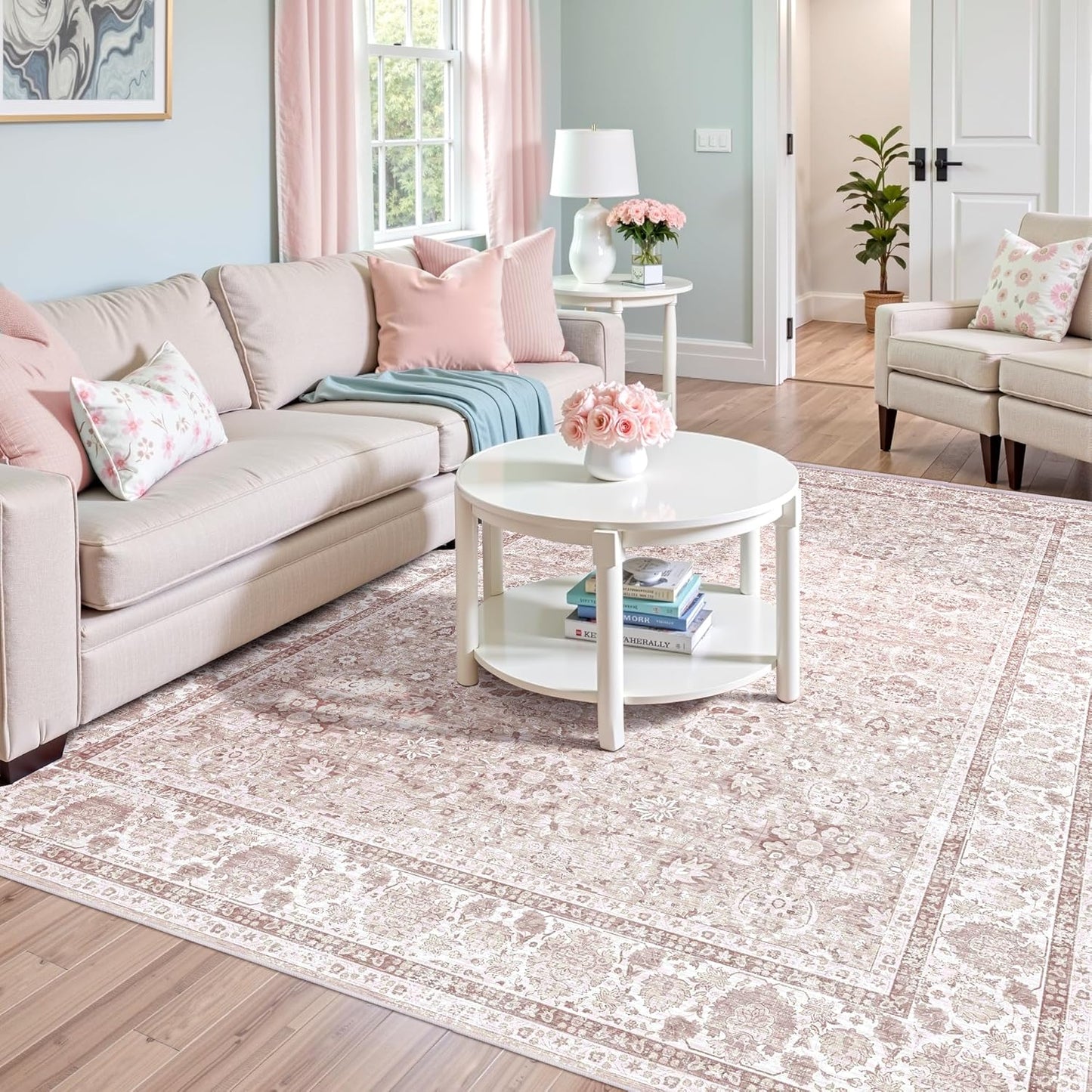 Light Pink 6x9 Rugs for Bedroom Nursery Rug Vintage Aesthetic Cute Boho Floral Washable Area Rug Indoor Carpet for Kids Room Playroom Living Room