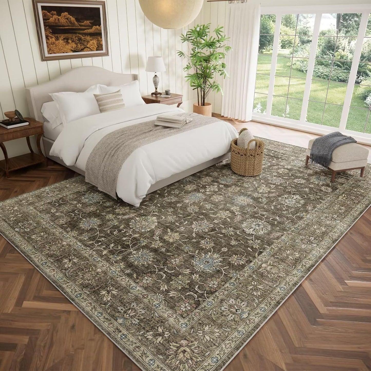 Washable 10x14 Area Rugs for Living Room, Boho Non-Slip Silicone Backing Rugs for Bedroom Dining Room Office, 0.3" Neutral Oriental Throw Carpet with 0.16" Cushioning Pad, Flaxen/Multi