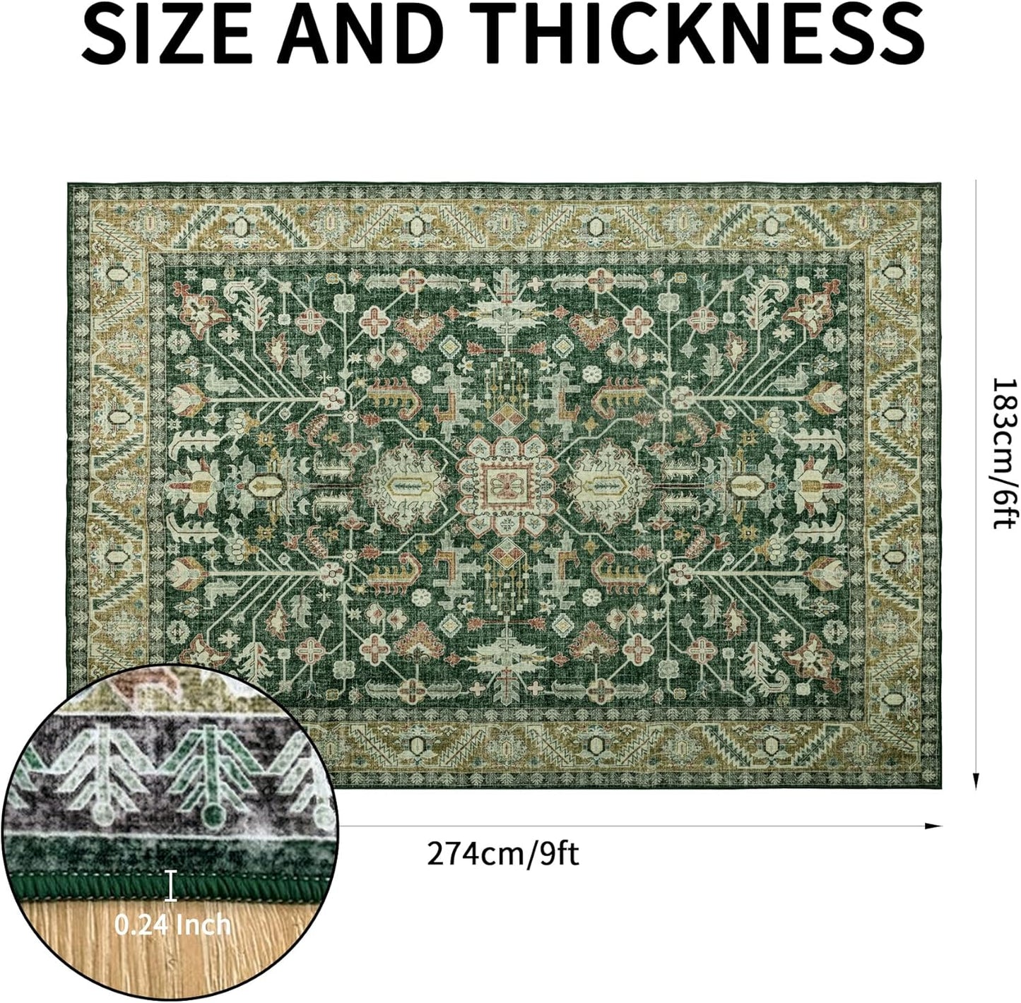 6x9 Area Rugs Washable: Oriental Soft Area Rug for Living Room Bedroom No Shedding - Low Pile Thin Carpet Rug for Dining Room Non Slip - Boho Vintage Rug for Home Decor - Retro Forest Green