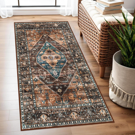 Lahome 2x4 Washable Entryway Runner Rug - Non-Slip Ultra-Thin Stain Resistant Kitchen Rugs, Oriental Print Carpet Runner for Hallway Bedroom Laundry Room