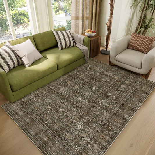 Washable 4x6 Rugs for Living Room, Boho Non-Slip Silicone Backing Small Rugs for Bedroom Nursery Office, 0.3" Neutral Oriental Throw Carpet with 0.16" Cushioning Pad, Deep Brown/Multi