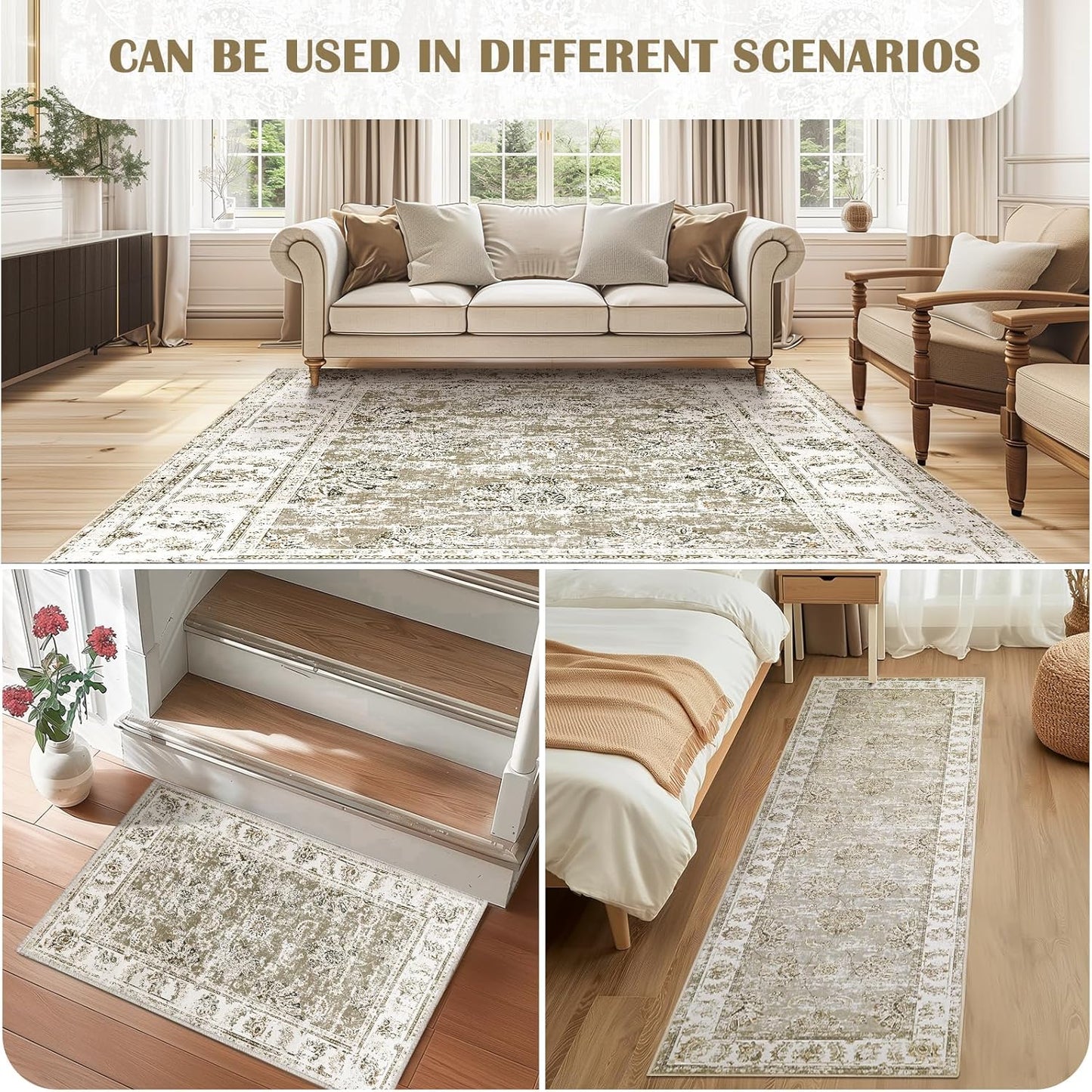 jinchan Floral 2x3 Rugs for Entryway - Vintage Washable Small Non-Slip Distressed Indoor Doormat Ultra-Thin Low-Pile Accent Rug for Entrance Kitchen Bedroom Bathroom (2x3ft,Taupe)