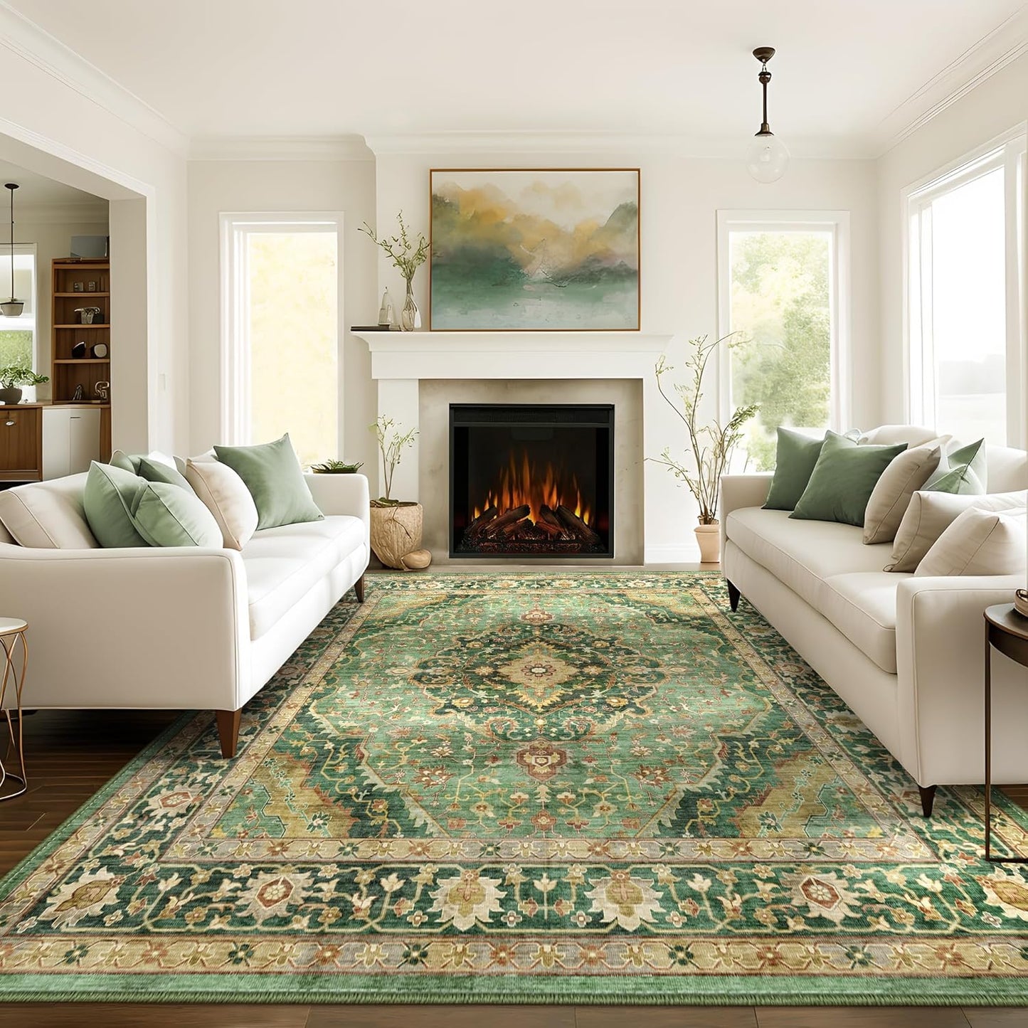 10x14 Rugs for Living Room Bedroom, Washable Green Area Rugs Non Slip Large Rug for Dining Room Office, Floor Decoration Vintage Boho Big Rug Carpet Low-Pile Kid & Pet Friendly