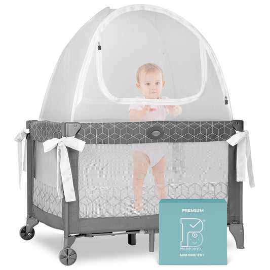 Premium Pack n Play Tent, Mini Crib Tent to Keep Baby from Climbing Out, Auto Pop Up Pack and Play Tent with Auto-Lock Zippers, Thick Velvety Breathable Mesh (Geometric Cubes)