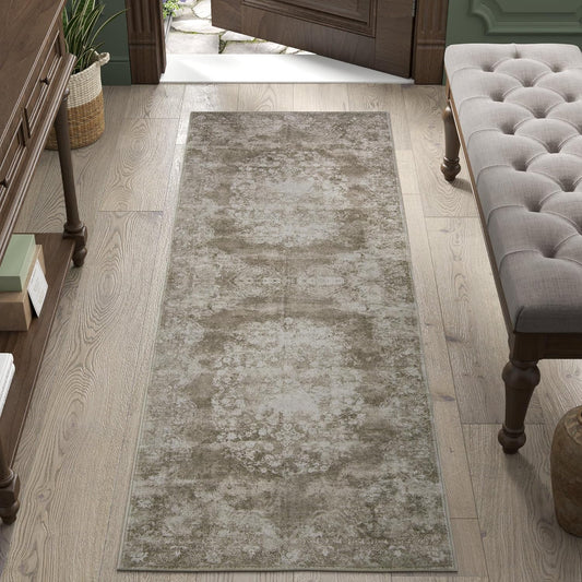 jinchan Vintage Floral Runner Rug 2x6 - Machine Washable Distressed Design Non-Slip Low-Pile Soft Thin Carpet for Hallway Kitchen Farmhouse Bedroom Entryway Laundry Room (2x6ft,Brown)
