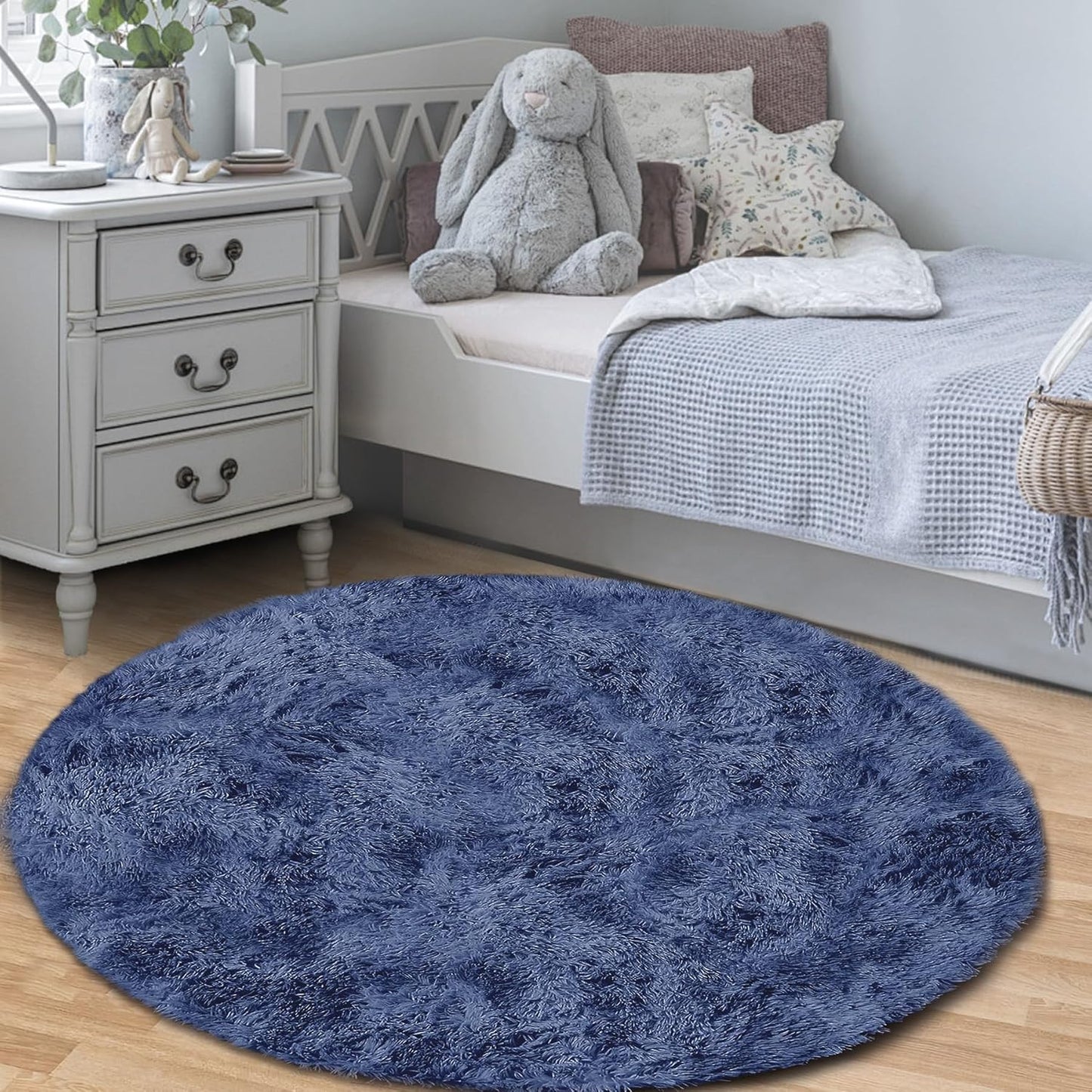 4FT Round Rug for Bedroom: Fluffy Shag Soft Washable Rugs Circle Small Fuzzy Plush Indoor Carpet for Living Room Nursery Playroom Dorm Kids Girls Boys Room (Navy Blue, 4'x4')