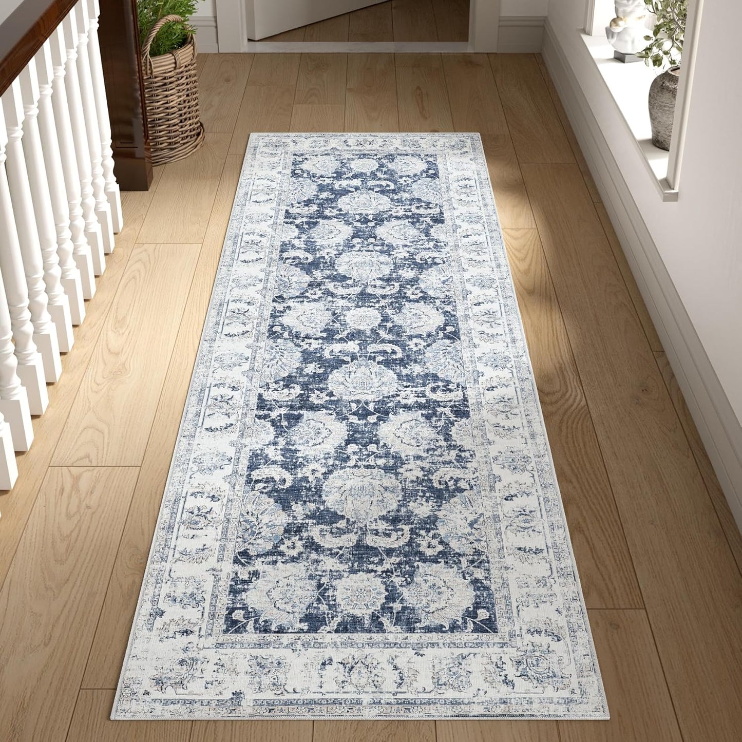 jinchan Runner Rug 2x6 Washable Hallway Runner - Vintage Floral Non Slip Low-Pile Soft Thin Kitchen Rug Distressed Carpet for Farmhouse Bedroom Entryway Laundry Room(2x6ft,Dark Blue)