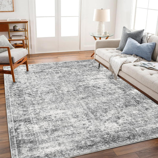 Area Rug 9x12 Washable Gray Vintage Traditional Mat Distressed Indoor Foldable Thin Retro Accent Floral Non Slip Carpet for Living Room Dining Room Office