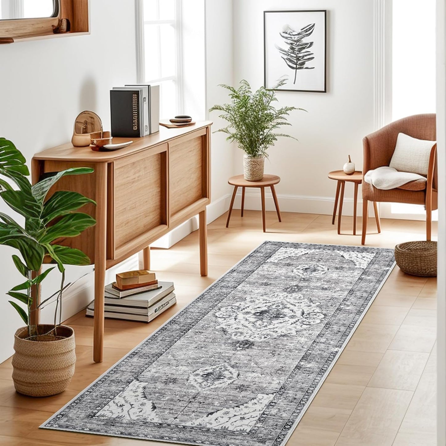 Runner Rugs for Hallway 2x6 Ft Non-Slip Fall Runner Rugs with Rubber Backing Washable Rug Runner for Kitchen Bedroom Vintage Distressed Carpet (Border Grey)