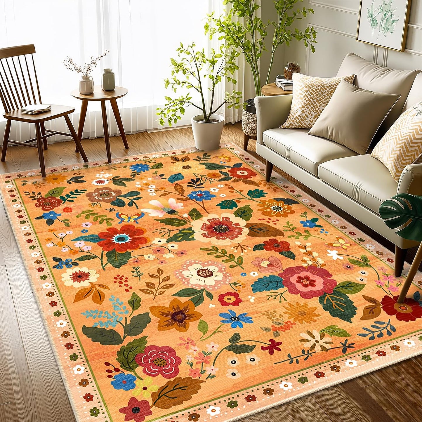 Floral 4x6 Area Rug Machine Washable Soft Print Boho Carpet Non Slip Doormat Low Pile Flower Area Rugs for Living Room Bedroom Nursery Kitchen Dining Room Indoor-Yellow/Orange
