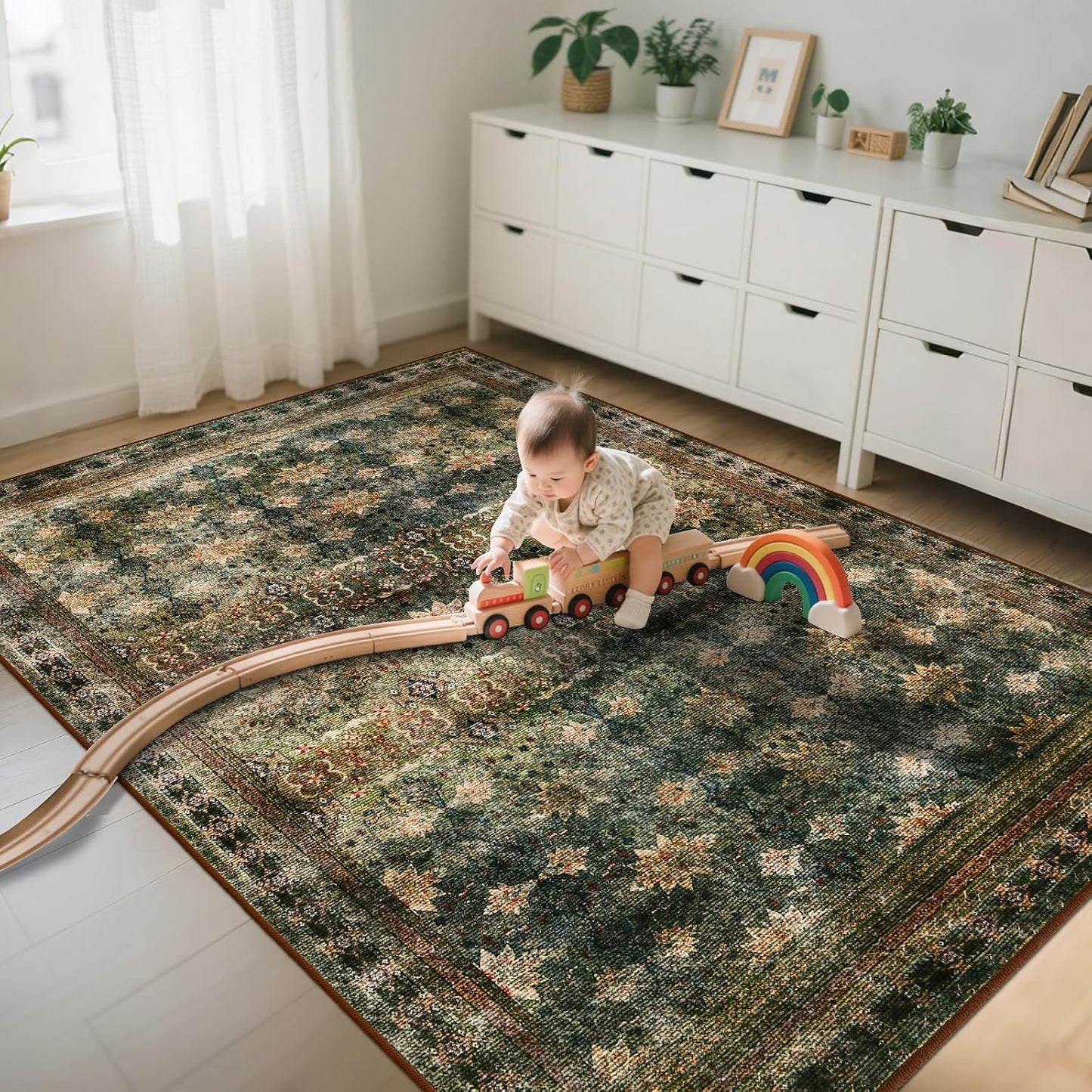 5x7 Washable Area Rug for Living Room Rustic, Non Slip Vintage Floral Bedroom Rugs Retro, Traditional Indoor Floor Carpet for Dining Room, Farmhouse, Office Classroom(Dark Green/Brown/Multi)