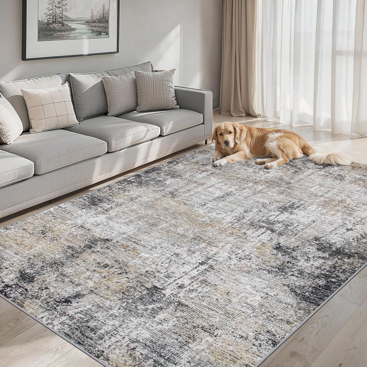 Area Rugs 9x12 Living Room - Washable Rug Modern Abstract Soft Large Neutral Non-Slip Carpet Indoor Floor Thin Carpets for Bedroom Dining Room Farmhouse Nursery Home Office Brown Black Grey