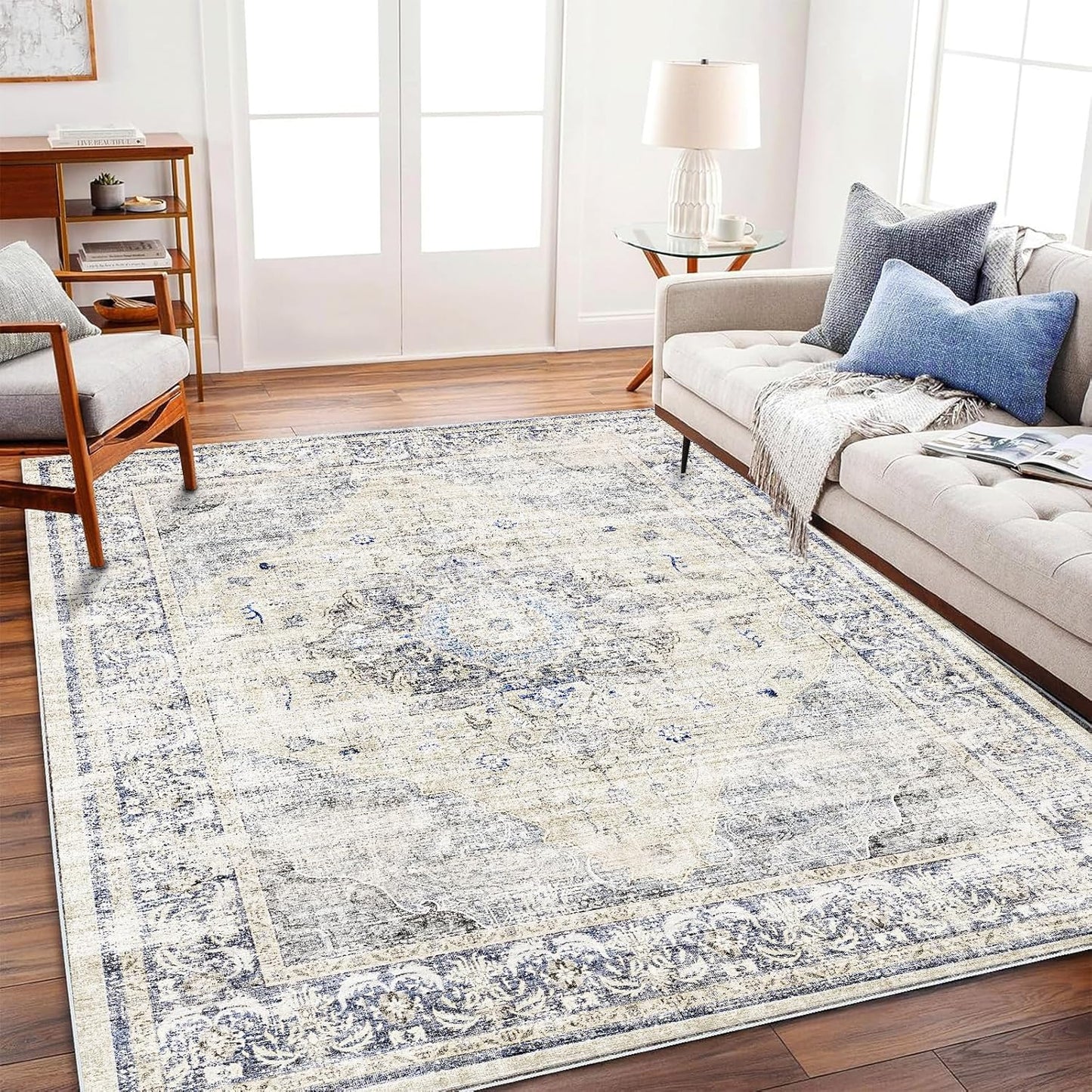 Washable Area Rug 4'x6' Floral Blue Traditional Floor Cover Foldable Thin Rugs Retro Kitchen Indoor Distressed Non Slip Carpet Floral Print Mat Bedroom Living Room