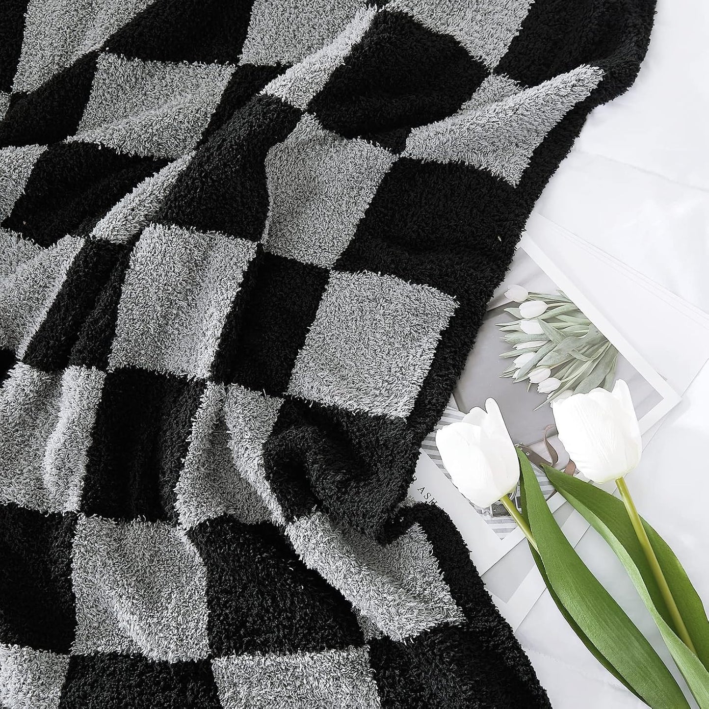 WRENSONGE Checkered Throw Blanket, Black Grey Checkered Soft Cozy Fluffy Warm Hand Made Weave Throw Blankets for Couch, Sofa, Chair, Bed, Picnic,Travel Lightweight Bed Blanket - 60 * 80