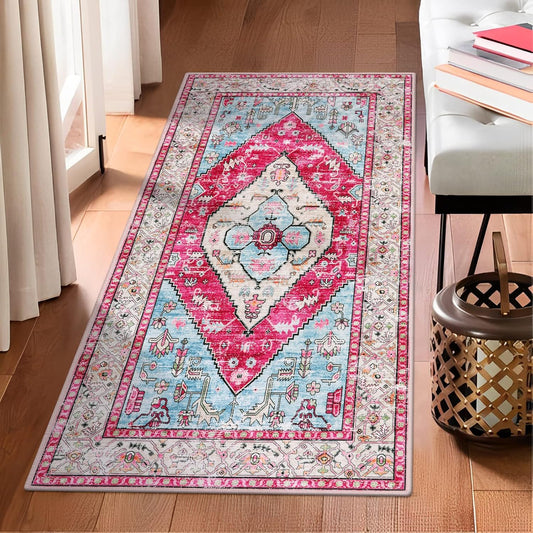 Lahome Boho Round Rug - 4Ft Washable Area Rug, Non-Slip Small Bathroom Rug, Lightweight Bedroom Throw, Oriental Distressed Print Carpet for Entryway, Sofa, Nursery, Kids Room