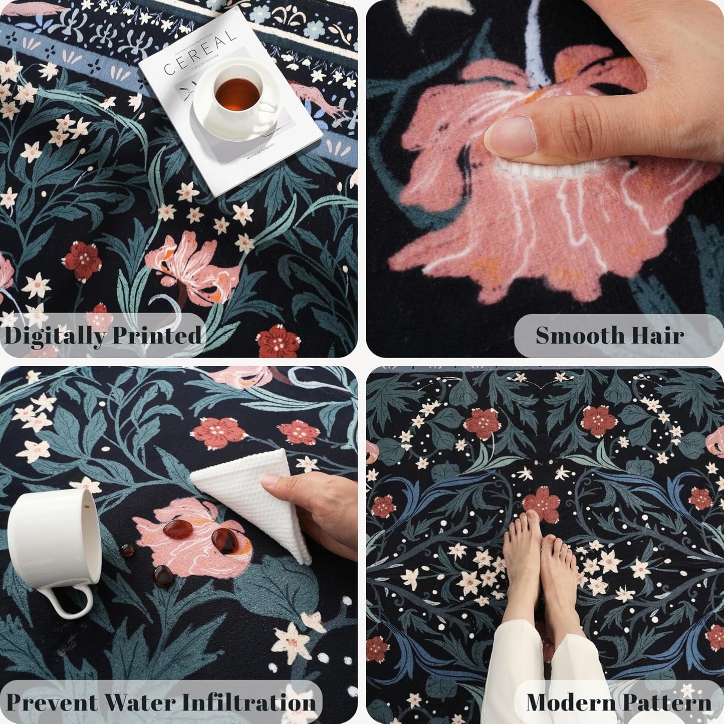 Runner Rug for Kitchen Rug Non Slip 2'x6' Washable Rugs with Rubber Backing Soft Vintage Floral Botanical Carpet Runner for Kitchen, Laundry, Bedroom, Bathroom, Black