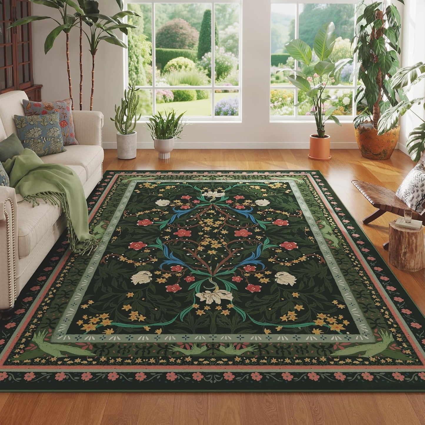 5x7 Washable Rug Vintage Floral Botanical Area Rug Non Slip Low Pile Large Rugs for Living Room, Bedroom, Farmhouse, Dining Room, Kids Playroom, Green
