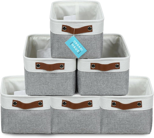 OrganiHaus Small Fabric Storage Bins for Shelves 6 Pack, 12x8in Closet Storage Bins for Shelves, Cloth Baskets for Organizing, Linen Closet Organizers, Fabric Basket, Gray/White