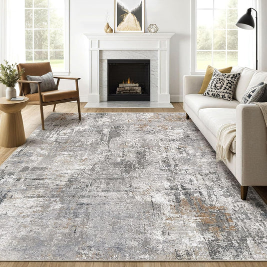 10x12 Area Rug Living Room: Washable Large Abstract Modern Soft Rugs Stain Resistant Indoor Floor Non Slip Accent Carpet for Bedroom Nursery Playroom Office Dining Room Dorm Home House- Gray Rust
