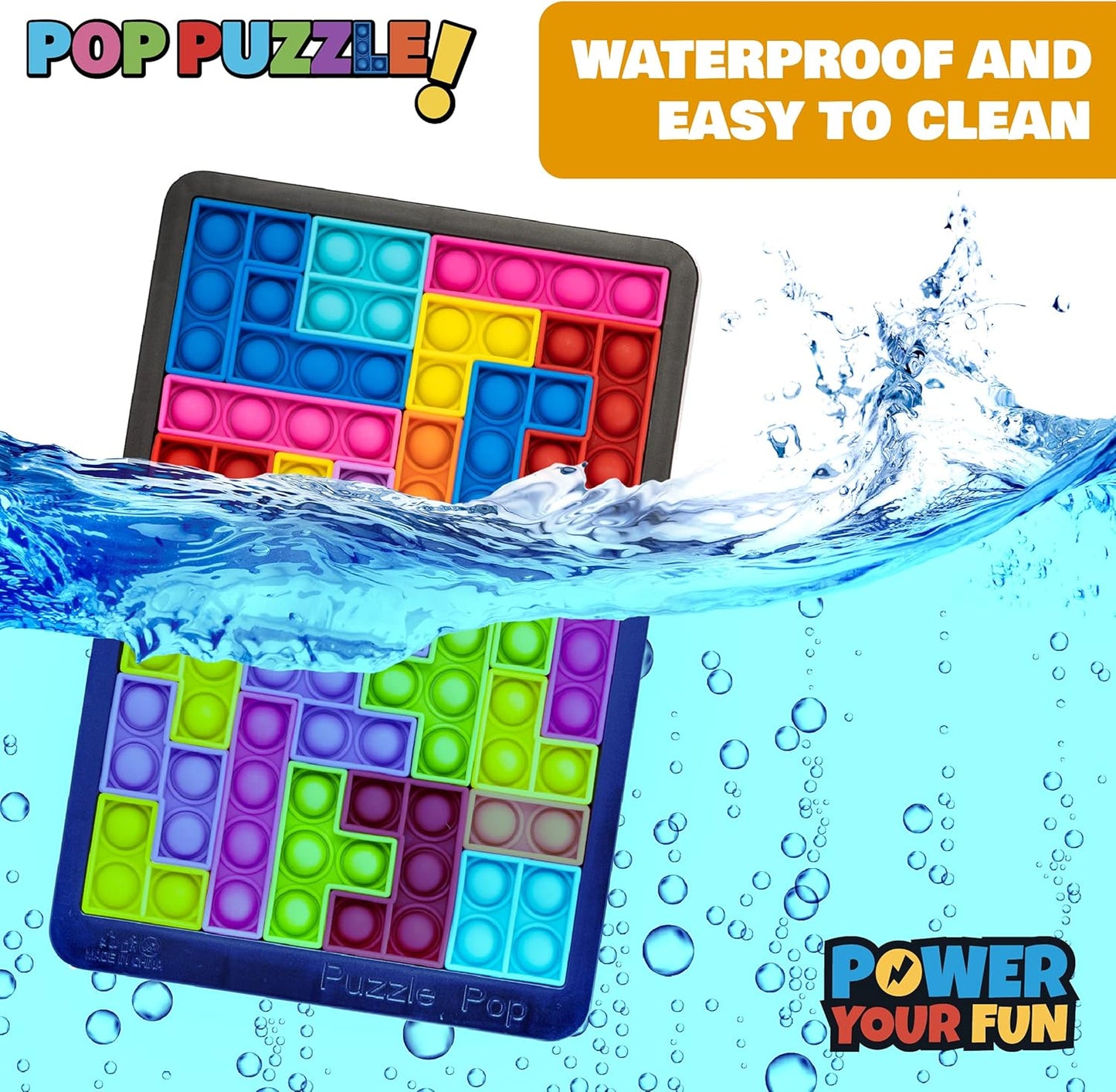 Power Your Fun Pop Puzzle Popper Fidget Game - 27pc Jigsaw Puzzle Game Pop Push It Bubble Sensory Fidget Toys for Learning, Stress Relief Silicone Pop Puzzle Game Board for Kids and Adults (Black)