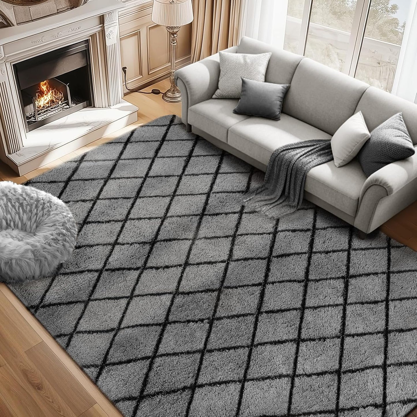 Fluffy Rug for Bedroom, 6X9Feet Stripe Checkered Rug Anti-Skid High Pile for Living Room Bedroom Kids Room Nursery, Dorm Home Decor