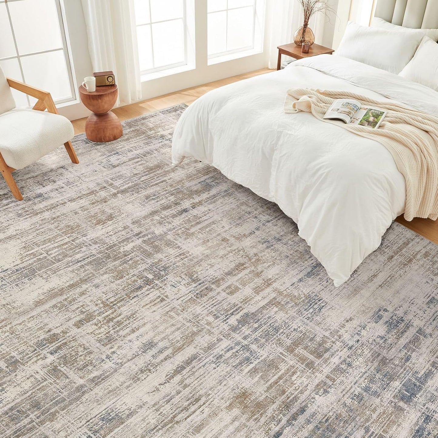 Area Rug for Living Room: 6x9 Washable Neutral Abstract Modern Soft Rugs Non Slip Indoor Floor Stain Resistant Large Carpet for Bedroom Dining Room Office Nursery - Brown