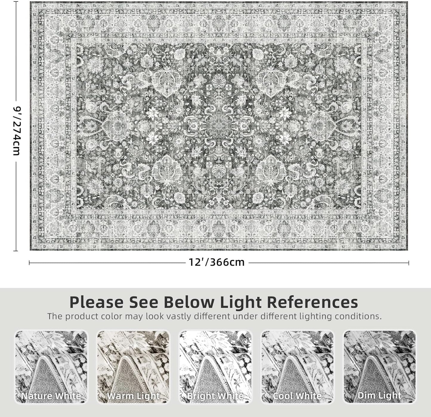 Deerly Area Rugs 9x12 Rug Living Room Distressed Area Rugs, Non Slip Large Washable Rugs for Bedroom Dining Room Office, Floor Decoration Big Rug Low-Pile Grey