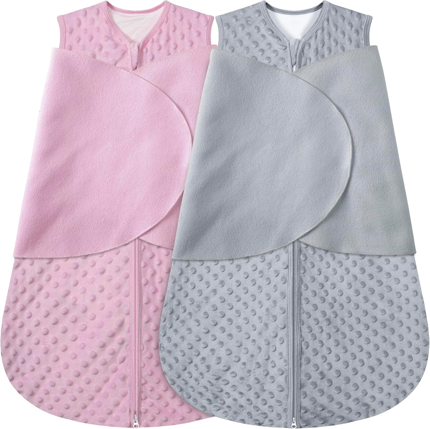 Fleece Newborn Sleep Sack Baby Swaddle,3-Way Adjustable Wearable Blanket,2 Pack Fleece Swaddling Sleeping Bag TOG 2.0， (Gray & Pink, 3-6 Months)