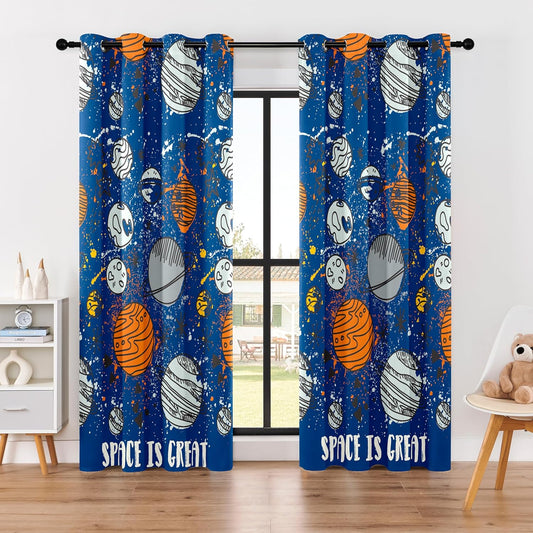 Kids Space Planet Blackout Curtains - 100% Blackout, Thermal Insulated, Noise Reducing, Perfect for Kids Room and Nursery, 2 Panels (Space-is-Great, W52×L84)