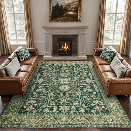 8x10 Area Rugs Washable: Oriental Soft Area Rug for Living Room Bedroom No Shedding - Low Pile Thin Carpet Rug for Dining Room Non Slip - Boho Vintage Rug for Home Decor - Retro Forest Green