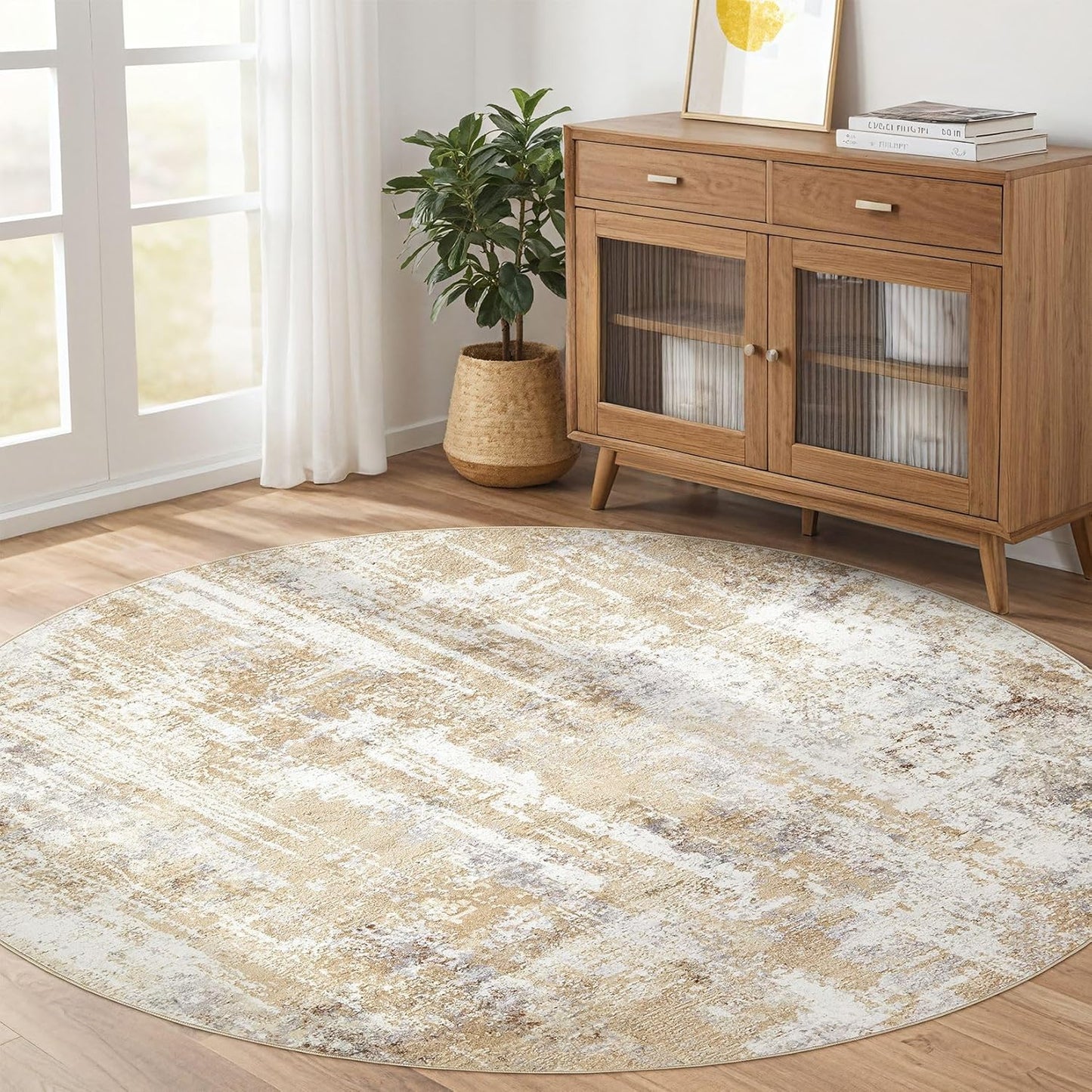 Round Rug Living Room Rugs: 5Ft Washable Circle Large Abstract Modern Soft Stain Resistant Non Slip Indoor Floor Carpet for Bedroom Nursery Office Dining Room Dorm Home House Decor- Gray Gold