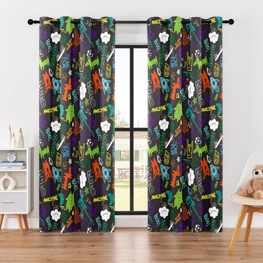 Kids Teen Graffiti Space Blackout Curtains - 100% Blackout, Thermal Insulated, Noise Reducing, Perfect for Kids Room and Nursery, 2 Panels (Graffiti Space Vibes, W52×L84)