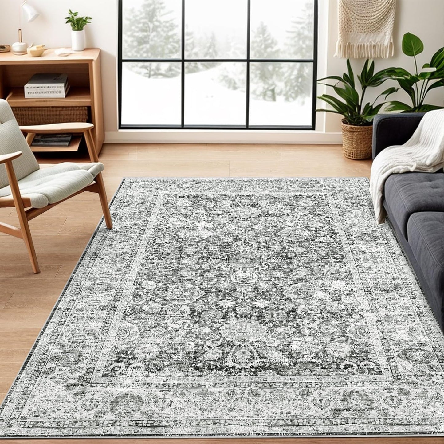 Grey 5x8 Area Rugs for Living Room Machine Washable Rugs Boho 5x8 Rug for Living Room Carpet Non-Slip Family & Pet Friendly Area Rugs Print Floor Rug(Vintage 5x8ft)