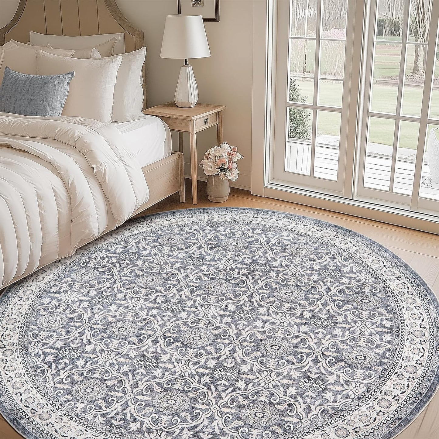 jinchan Round Rug 7ft Washable Circle Soft Rug - Low Pile Vintage 7'Round Indoor Grey Floral Print Stain Resistant Boho Carpet Ultra-Thin Non-Slip for Living Room Bedroom Dining Room Kitchen