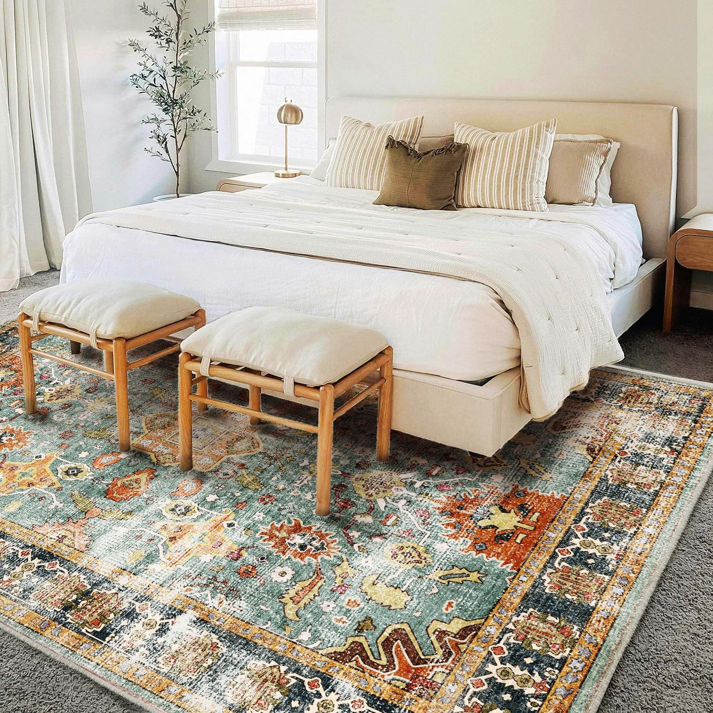 Area Rug 9'x12' Washable Vintage Traditional Mat Distressed Indoor Foldable Thin Retro Accent Floral Print Non Slip Carpet for Living Room Dining Room Office