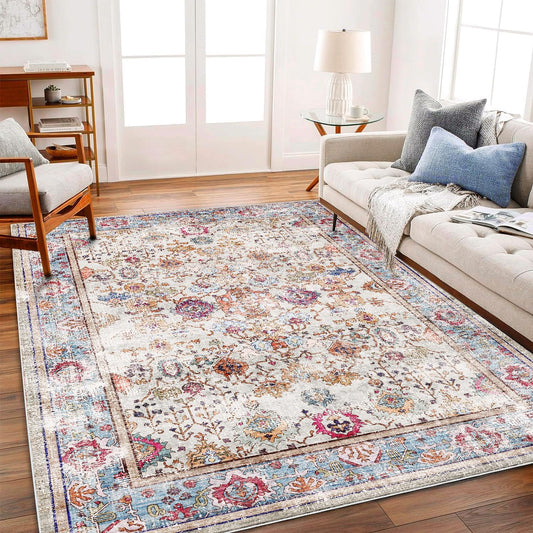 Washable 10'x14' Area Rug Vintage Traditional Distressed Indoor Foldable Thin Retro Accent Floral Non Slip Carpet Living Room Dining Room Office